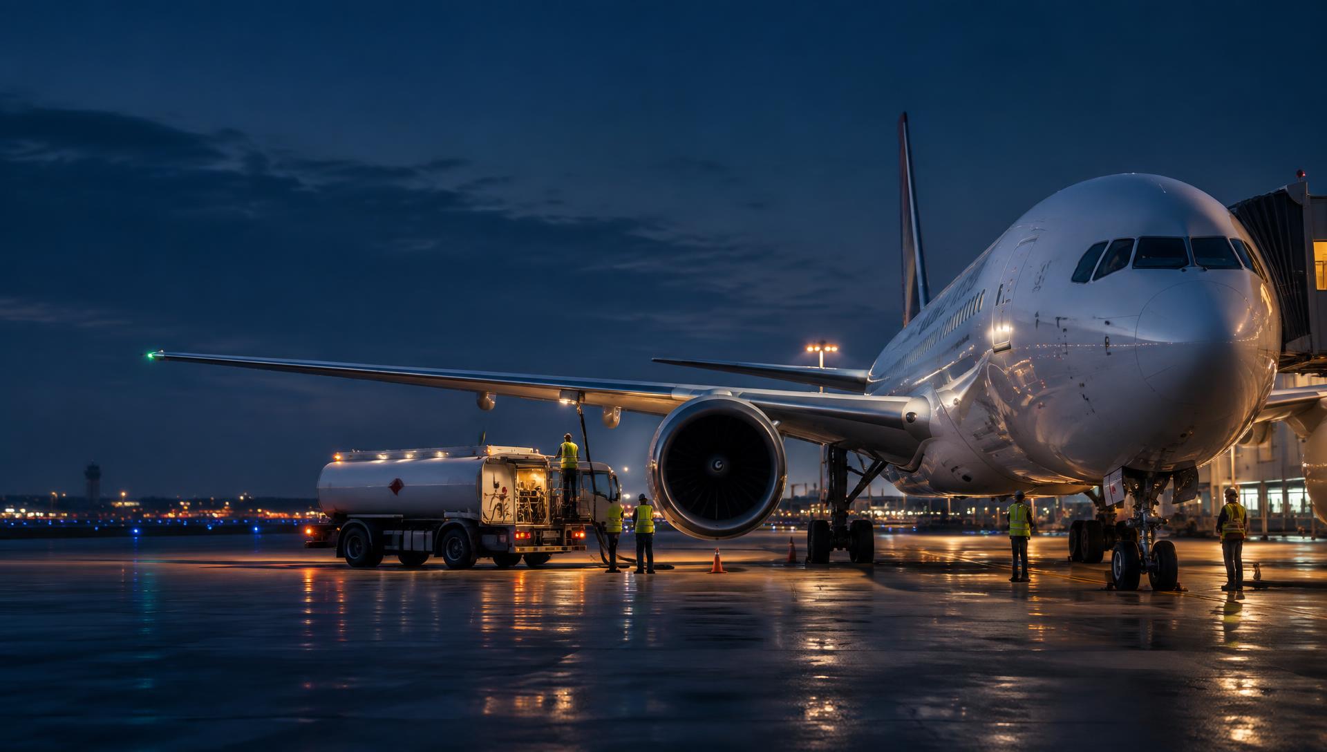 Jet aircraft receiving aviation fuel at an airport terminal